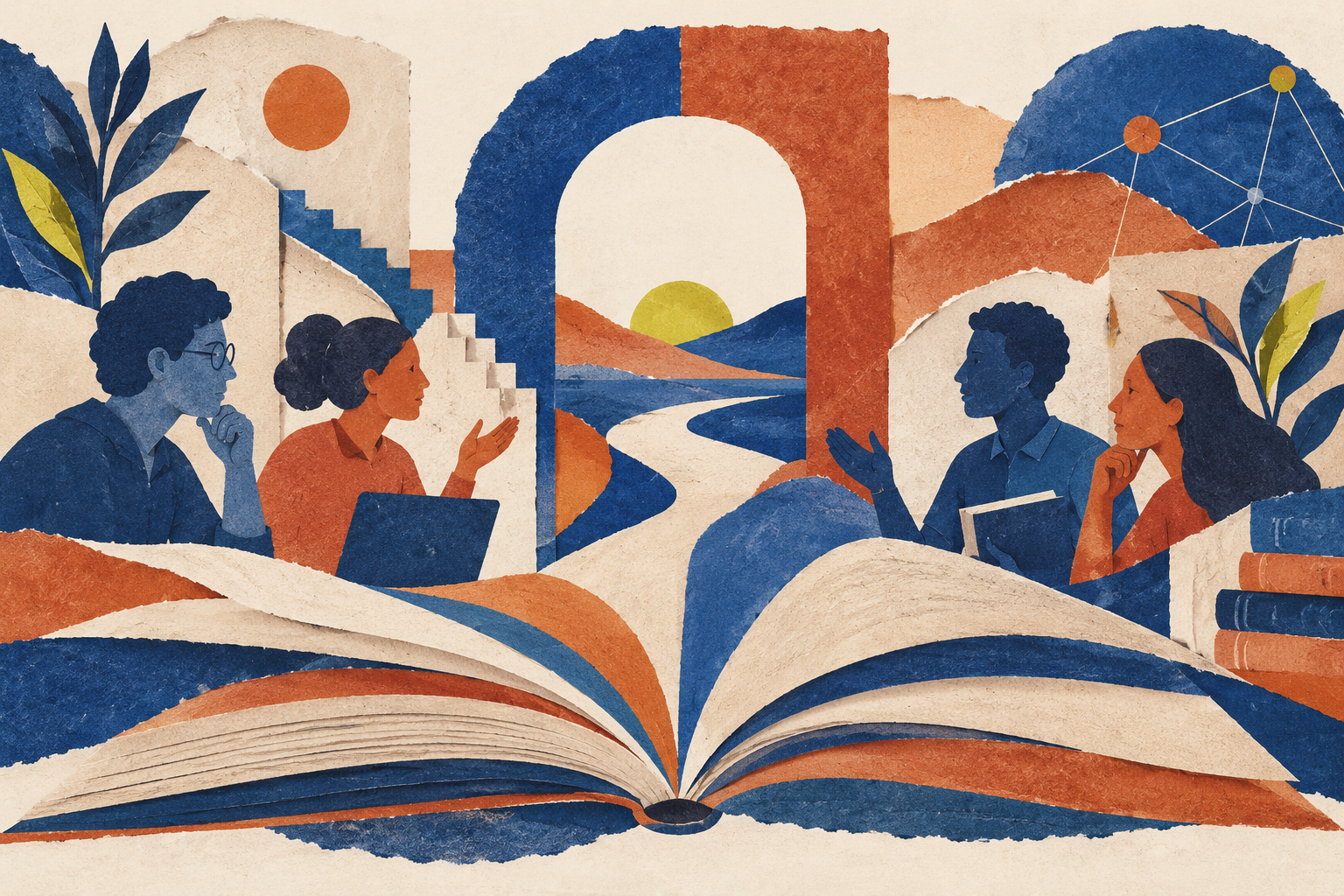 Ilustración de un libro abierto, personas en diálogo y un horizonte de formas azules y terracota